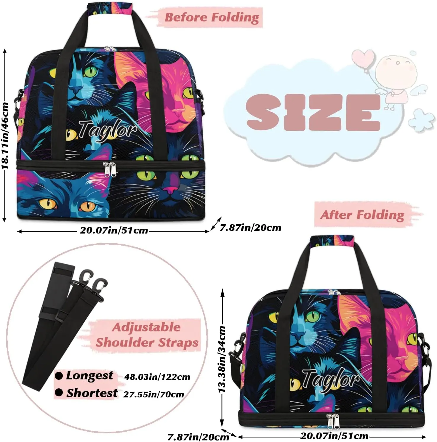 Customized Gym Bag for Women, Personalized Cat Print Travel Duffel Bag with Name, Colorful Cat Weekender Overnight Bag with Shoes Compartment for Men Travel Yoga