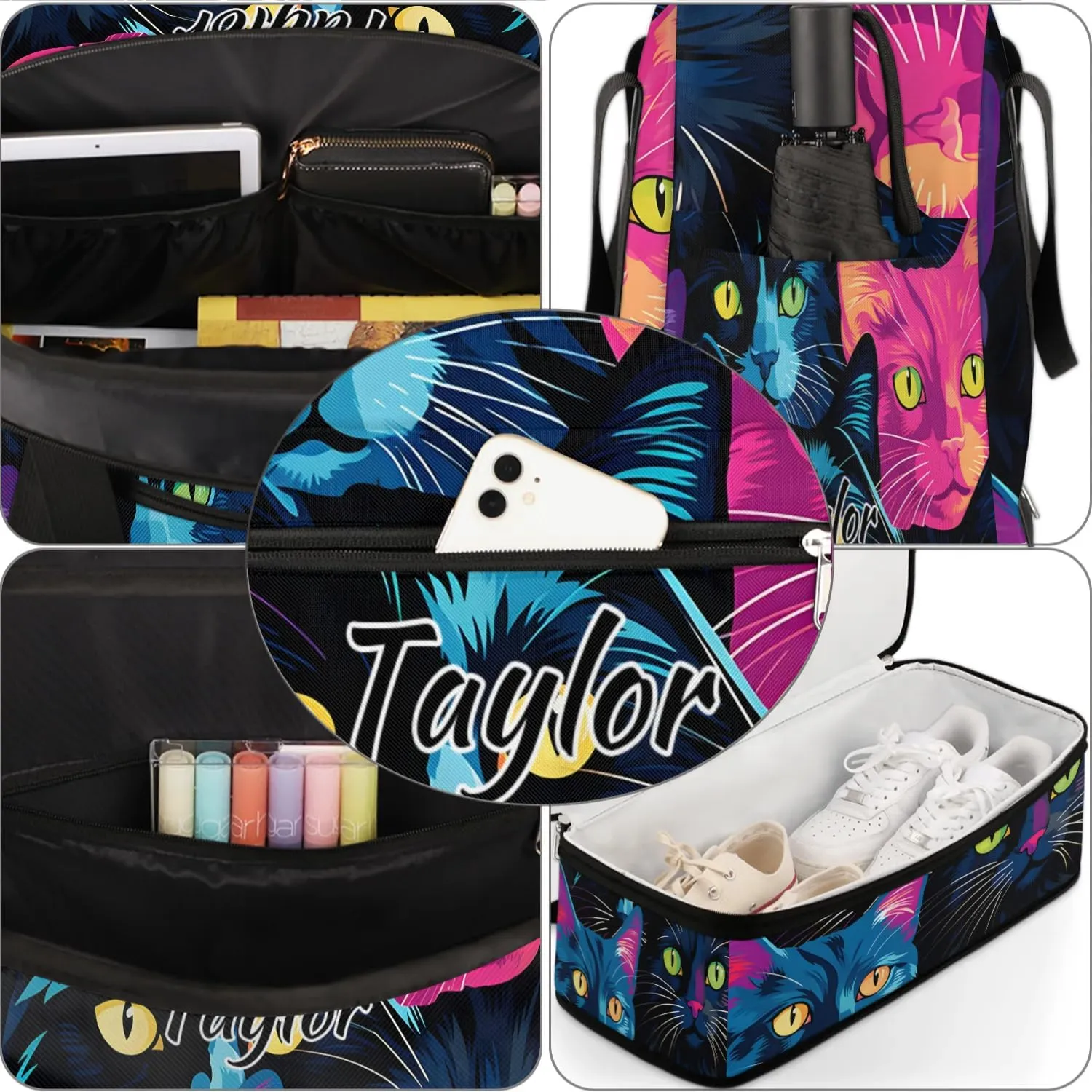 Customized Gym Bag for Women, Personalized Cat Print Travel Duffel Bag with Name, Colorful Cat Weekender Overnight Bag with Shoes Compartment for Men Travel Yoga