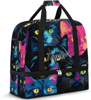 Customized Gym Bag for Women, Personalized Cat Print Travel Duffel Bag with Name, Colorful Cat Weekender Overnight Bag with Shoes Compartment for Men Travel Yoga
