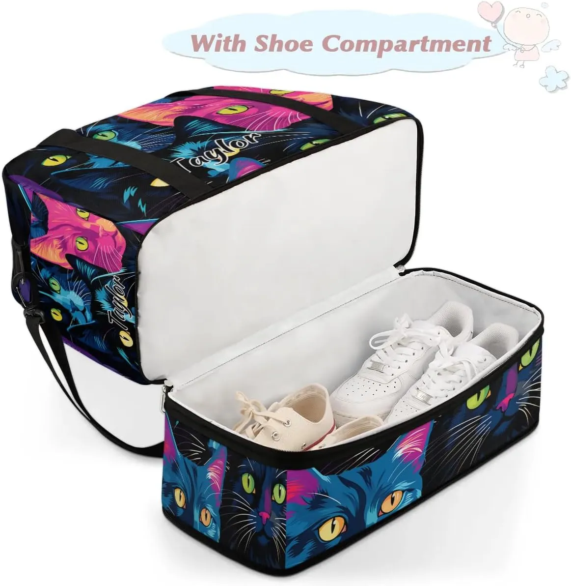 Customized Gym Bag for Women, Personalized Cat Print Travel Duffel Bag with Name, Colorful Cat Weekender Overnight Bag with Shoes Compartment for Men Travel Yoga