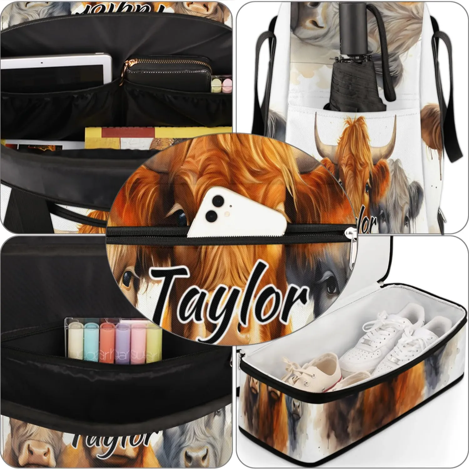 Customized Gym Bag for Women, Personalized Cattle Cow Travel Duffel Bag with Name, Farm Animal Weekender Overnight Bag with Shoes Compartment for Men Travel Yoga
