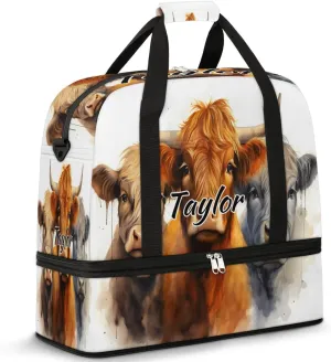 Customized Gym Bag for Women, Personalized Cattle Cow Travel Duffel Bag with Name, Farm Animal Weekender Overnight Bag with Shoes Compartment for Men Travel Yoga