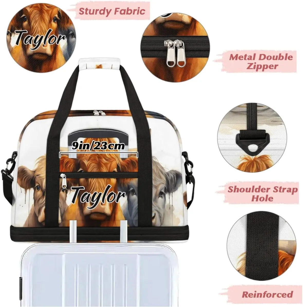 Customized Gym Bag for Women, Personalized Cattle Cow Travel Duffel Bag with Name, Farm Animal Weekender Overnight Bag with Shoes Compartment for Men Travel Yoga