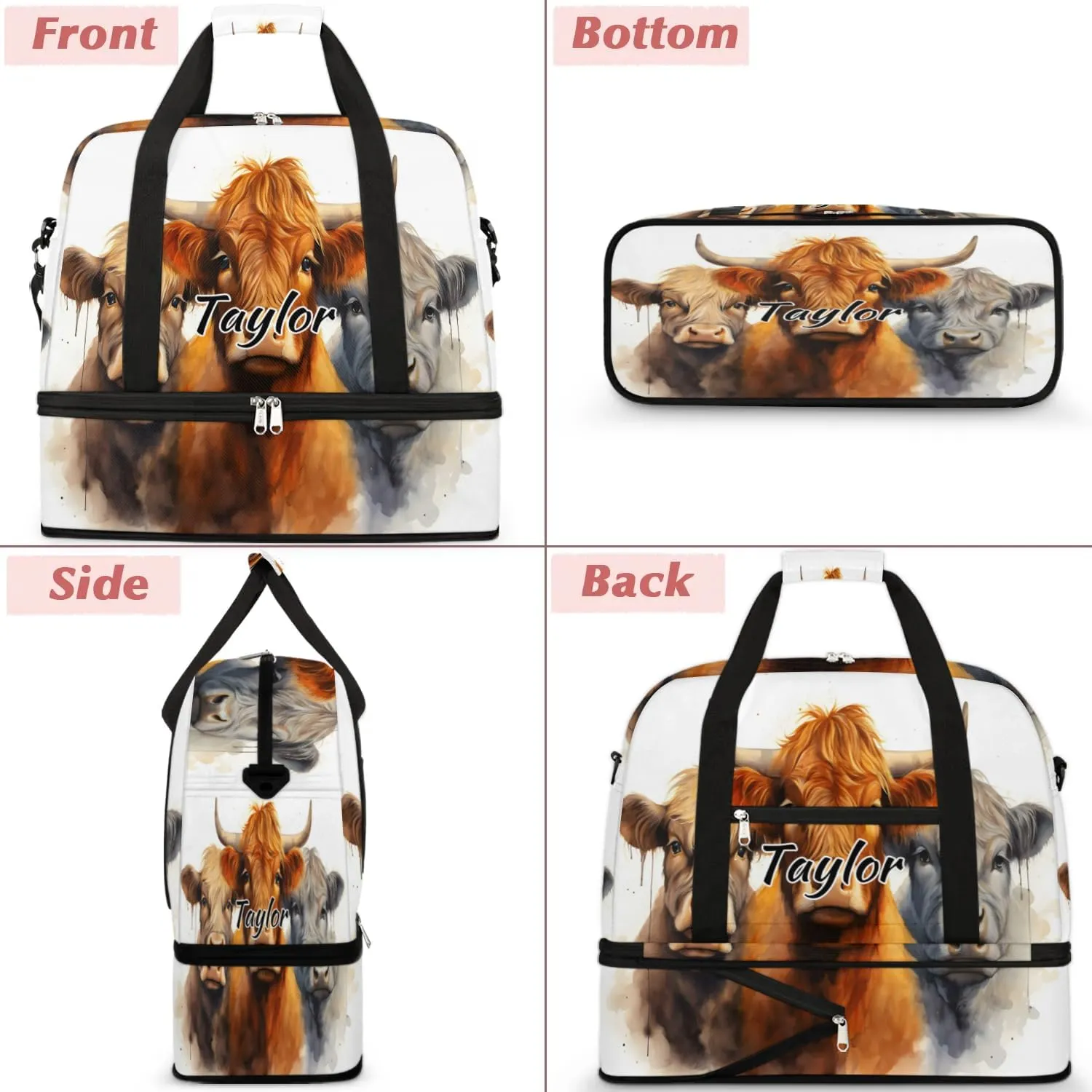 Customized Gym Bag for Women, Personalized Cattle Cow Travel Duffel Bag with Name, Farm Animal Weekender Overnight Bag with Shoes Compartment for Men Travel Yoga