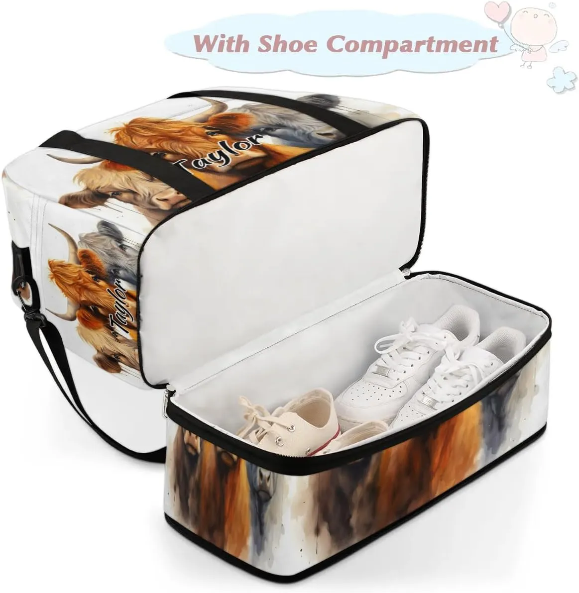 Customized Gym Bag for Women, Personalized Cattle Cow Travel Duffel Bag with Name, Farm Animal Weekender Overnight Bag with Shoes Compartment for Men Travel Yoga
