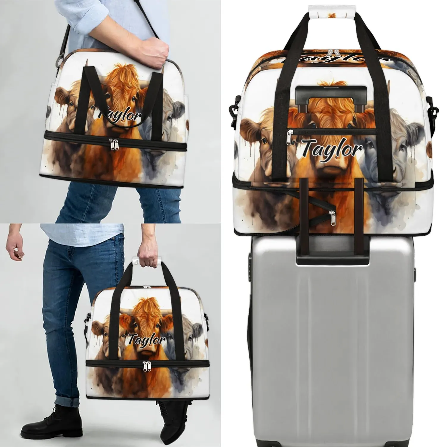 Customized Gym Bag for Women, Personalized Cattle Cow Travel Duffel Bag with Name, Farm Animal Weekender Overnight Bag with Shoes Compartment for Men Travel Yoga