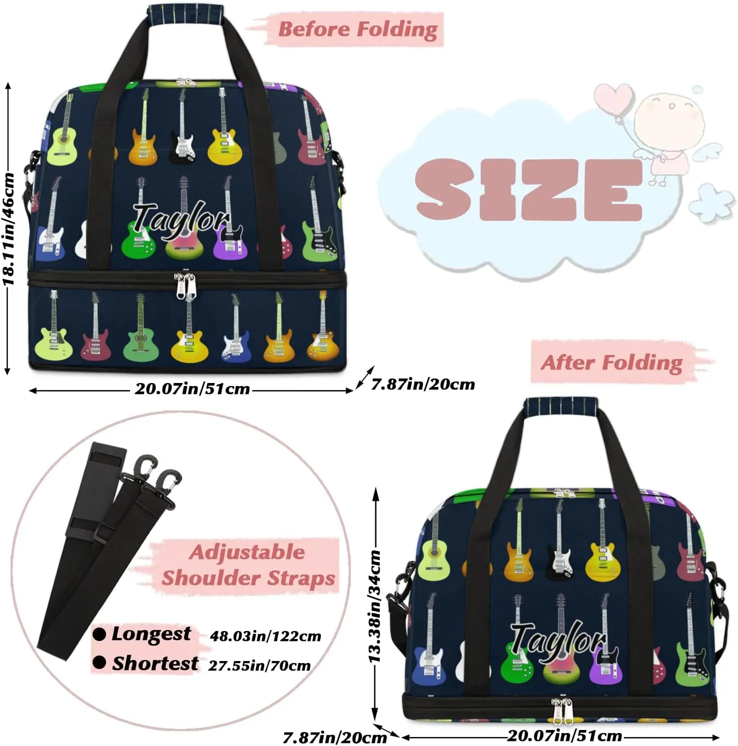 Customized Gym Bag for Women, Personalized Colorful Guitars Travel Duffel Bag with Name, Music Weekender Overnight Bag with Shoes Compartment for Men Travel Yoga