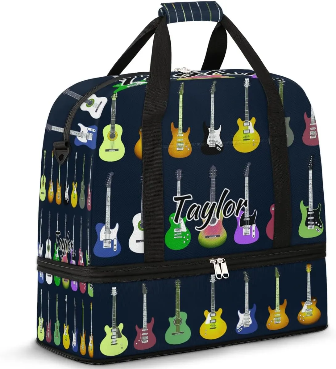 Customized Gym Bag for Women, Personalized Colorful Guitars Travel Duffel Bag with Name, Music Weekender Overnight Bag with Shoes Compartment for Men Travel Yoga