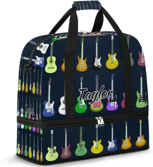 Customized Gym Bag for Women, Personalized Colorful Guitars Travel Duffel Bag with Name, Music Weekender Overnight Bag with Shoes Compartment for Men Travel Yoga