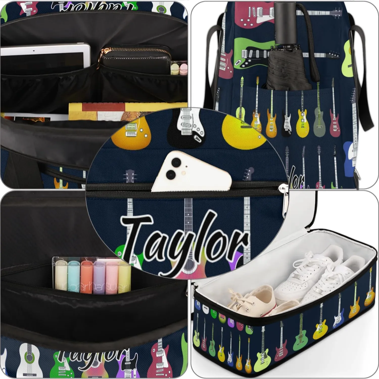 Customized Gym Bag for Women, Personalized Colorful Guitars Travel Duffel Bag with Name, Music Weekender Overnight Bag with Shoes Compartment for Men Travel Yoga