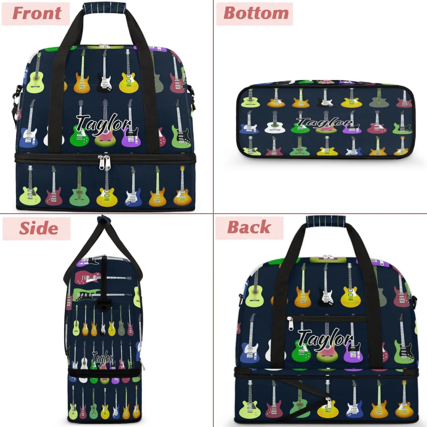Customized Gym Bag for Women, Personalized Colorful Guitars Travel Duffel Bag with Name, Music Weekender Overnight Bag with Shoes Compartment for Men Travel Yoga