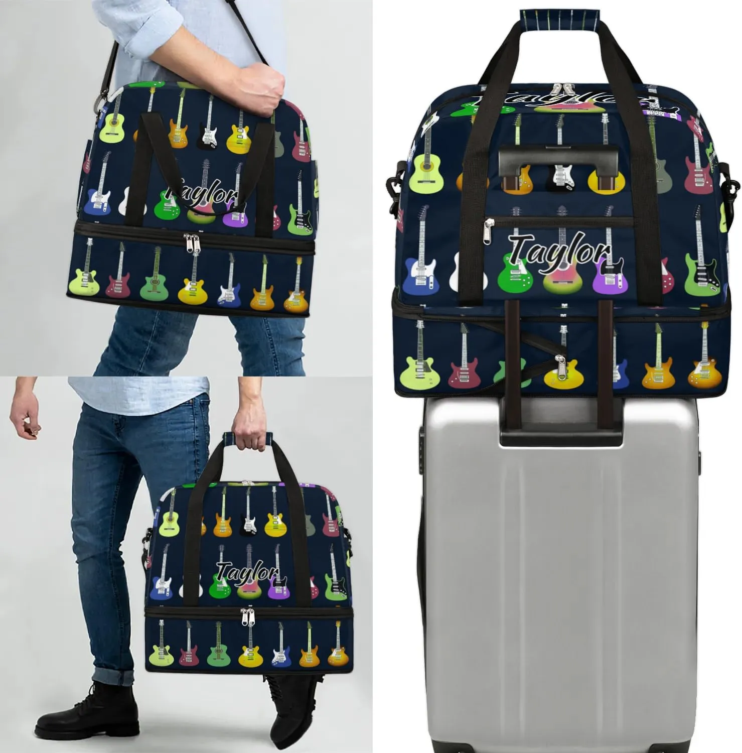 Customized Gym Bag for Women, Personalized Colorful Guitars Travel Duffel Bag with Name, Music Weekender Overnight Bag with Shoes Compartment for Men Travel Yoga