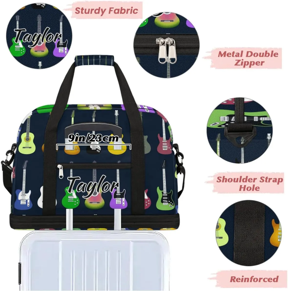 Customized Gym Bag for Women, Personalized Colorful Guitars Travel Duffel Bag with Name, Music Weekender Overnight Bag with Shoes Compartment for Men Travel Yoga