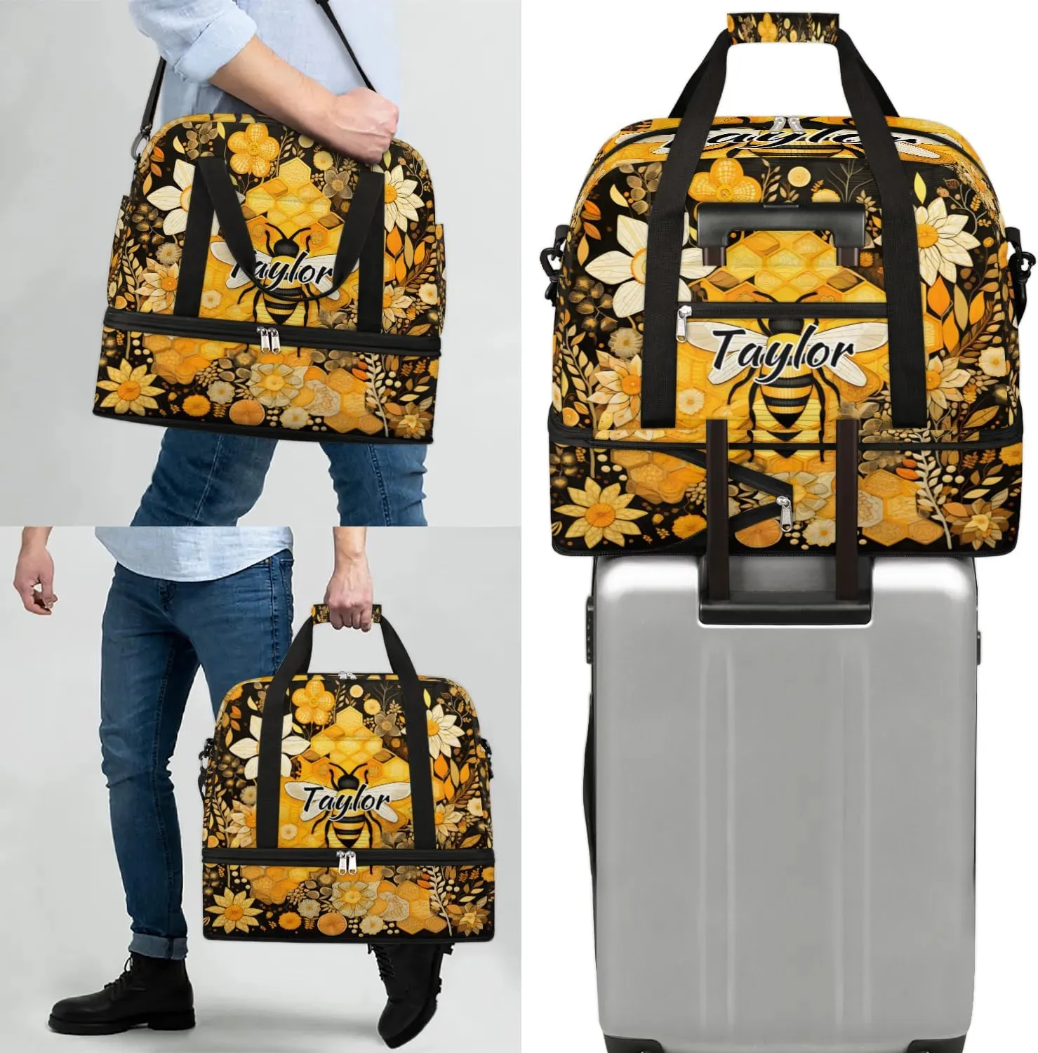 Customized Gym Bag for Women, Personalized Cute Bee Travel Duffel Bag with Name, Bee Floral Weekender Overnight Bag with Shoes Compartment for Men Travel Yoga