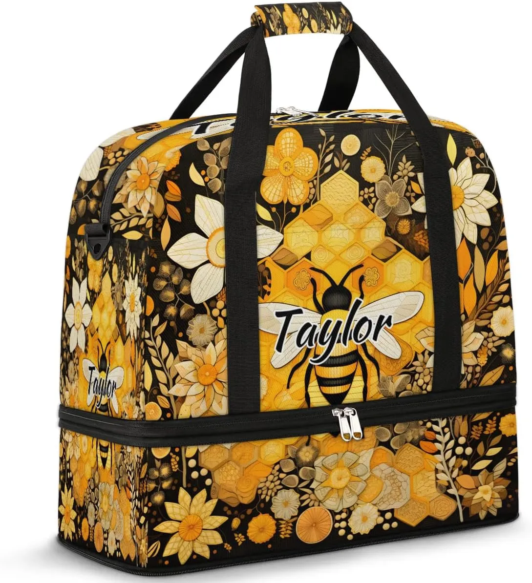 Customized Gym Bag for Women, Personalized Cute Bee Travel Duffel Bag with Name, Bee Floral Weekender Overnight Bag with Shoes Compartment for Men Travel Yoga