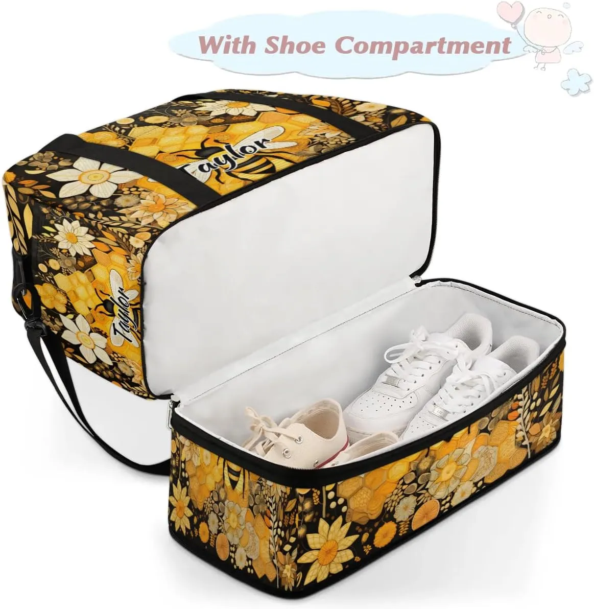 Customized Gym Bag for Women, Personalized Cute Bee Travel Duffel Bag with Name, Bee Floral Weekender Overnight Bag with Shoes Compartment for Men Travel Yoga