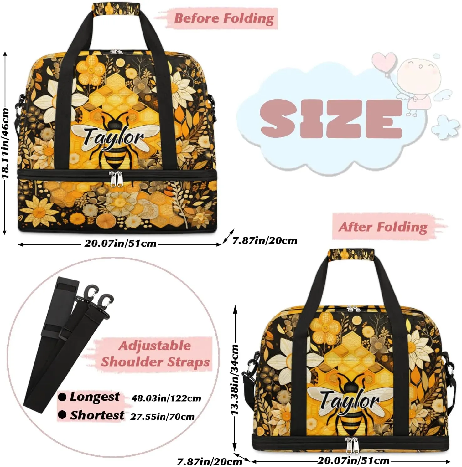 Customized Gym Bag for Women, Personalized Cute Bee Travel Duffel Bag with Name, Bee Floral Weekender Overnight Bag with Shoes Compartment for Men Travel Yoga