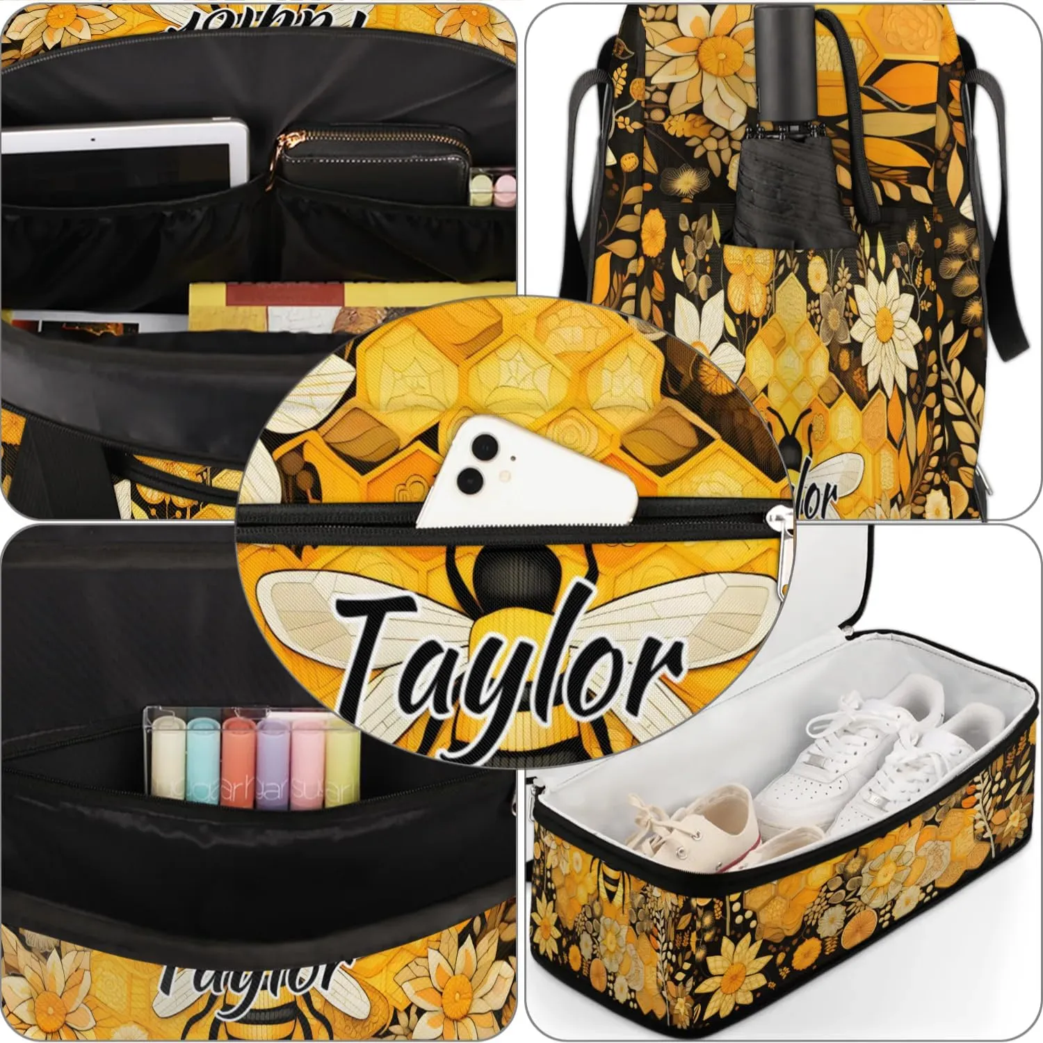 Customized Gym Bag for Women, Personalized Cute Bee Travel Duffel Bag with Name, Bee Floral Weekender Overnight Bag with Shoes Compartment for Men Travel Yoga