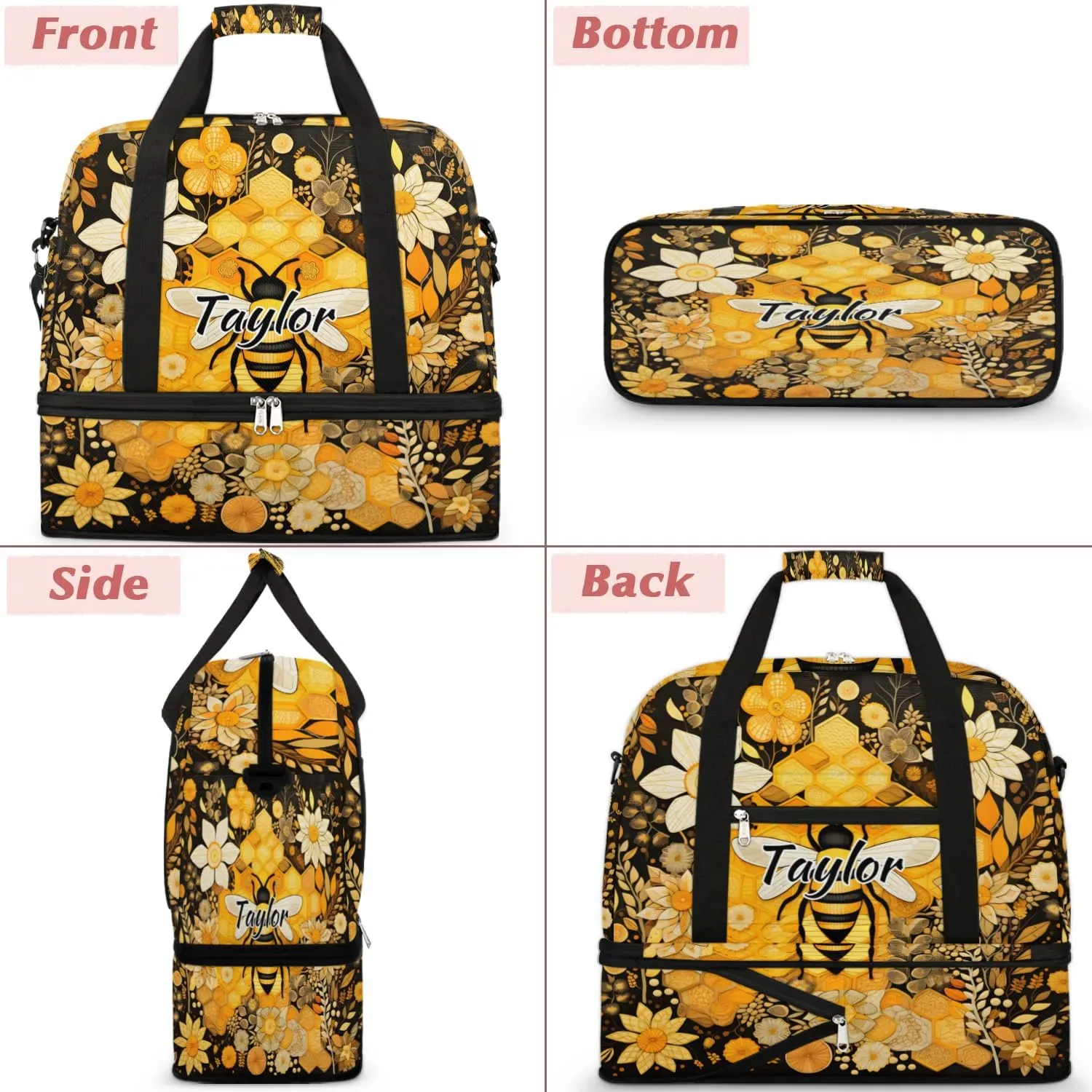 Customized Gym Bag for Women, Personalized Cute Bee Travel Duffel Bag with Name, Bee Floral Weekender Overnight Bag with Shoes Compartment for Men Travel Yoga