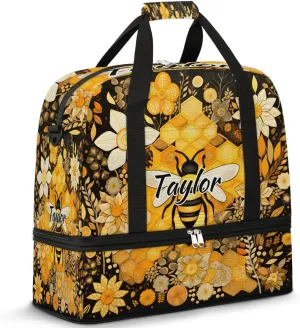Customized Gym Bag for Women, Personalized Cute Bee Travel Duffel Bag with Name, Bee Floral Weekender Overnight Bag with Shoes Compartment for Men Travel Yoga