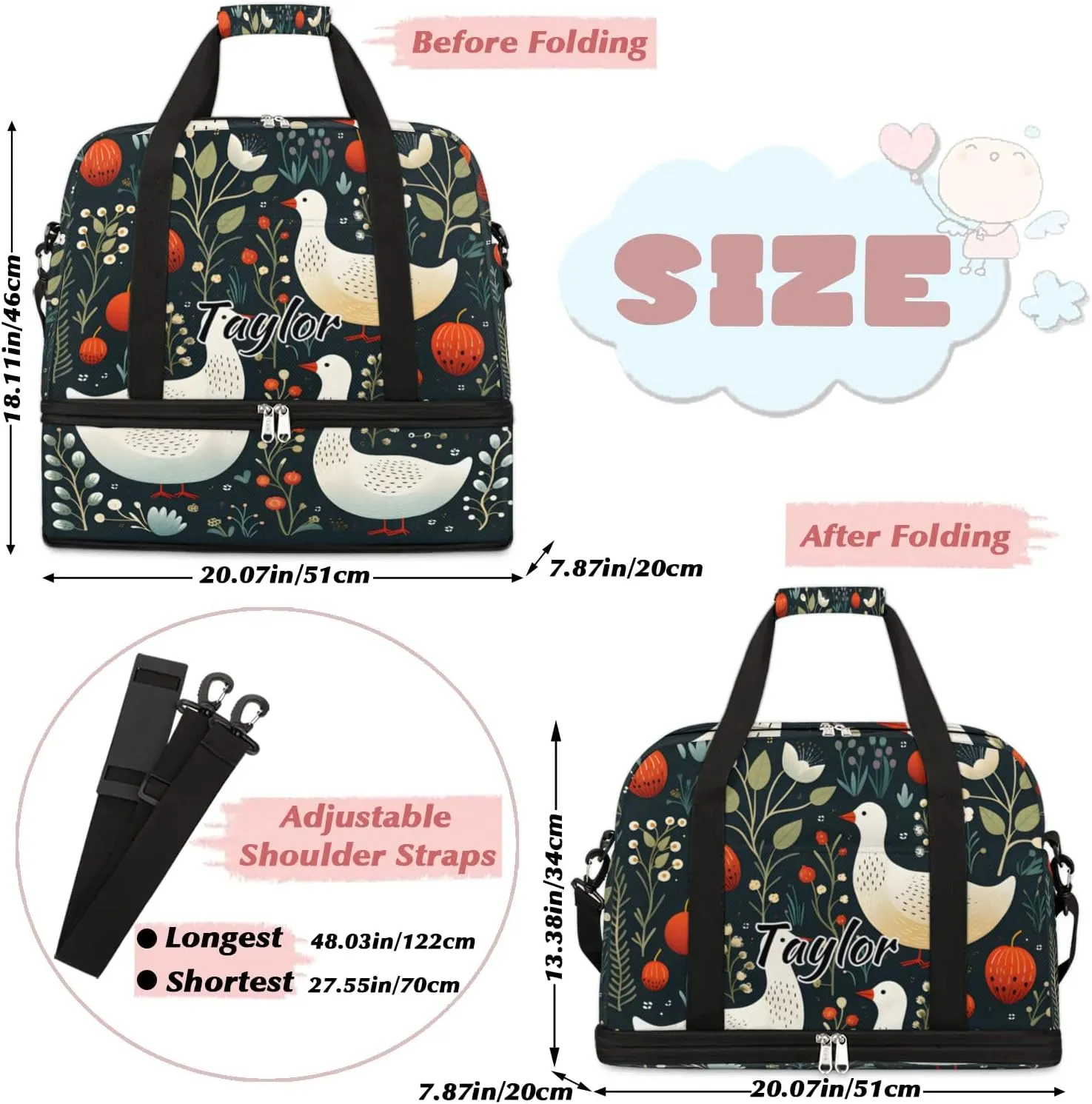 Customized Gym Bag for Women, Personalized Cute Ducks Travel Duffel Bag with Name, Wild Ducks Weekender Overnight Bag with Shoes Compartment for Men Travel Yoga