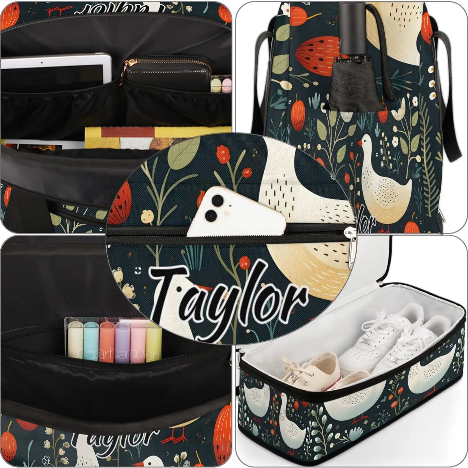 Customized Gym Bag for Women, Personalized Cute Ducks Travel Duffel Bag with Name, Wild Ducks Weekender Overnight Bag with Shoes Compartment for Men Travel Yoga