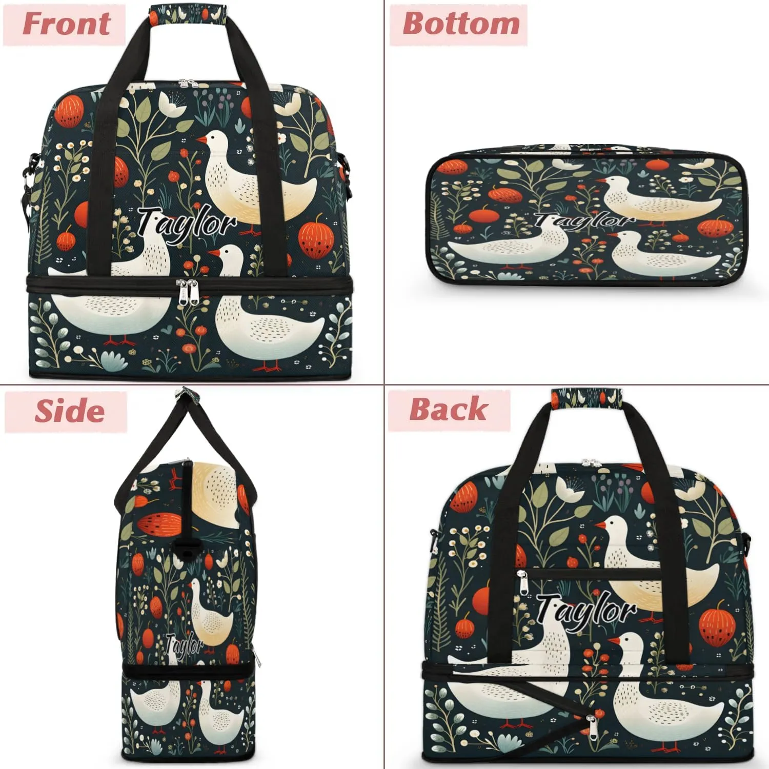 Customized Gym Bag for Women, Personalized Cute Ducks Travel Duffel Bag with Name, Wild Ducks Weekender Overnight Bag with Shoes Compartment for Men Travel Yoga