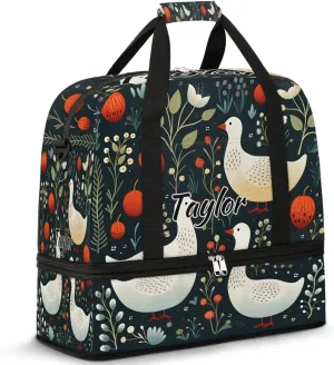 Customized Gym Bag for Women, Personalized Cute Ducks Travel Duffel Bag with Name, Wild Ducks Weekender Overnight Bag with Shoes Compartment for Men Travel Yoga