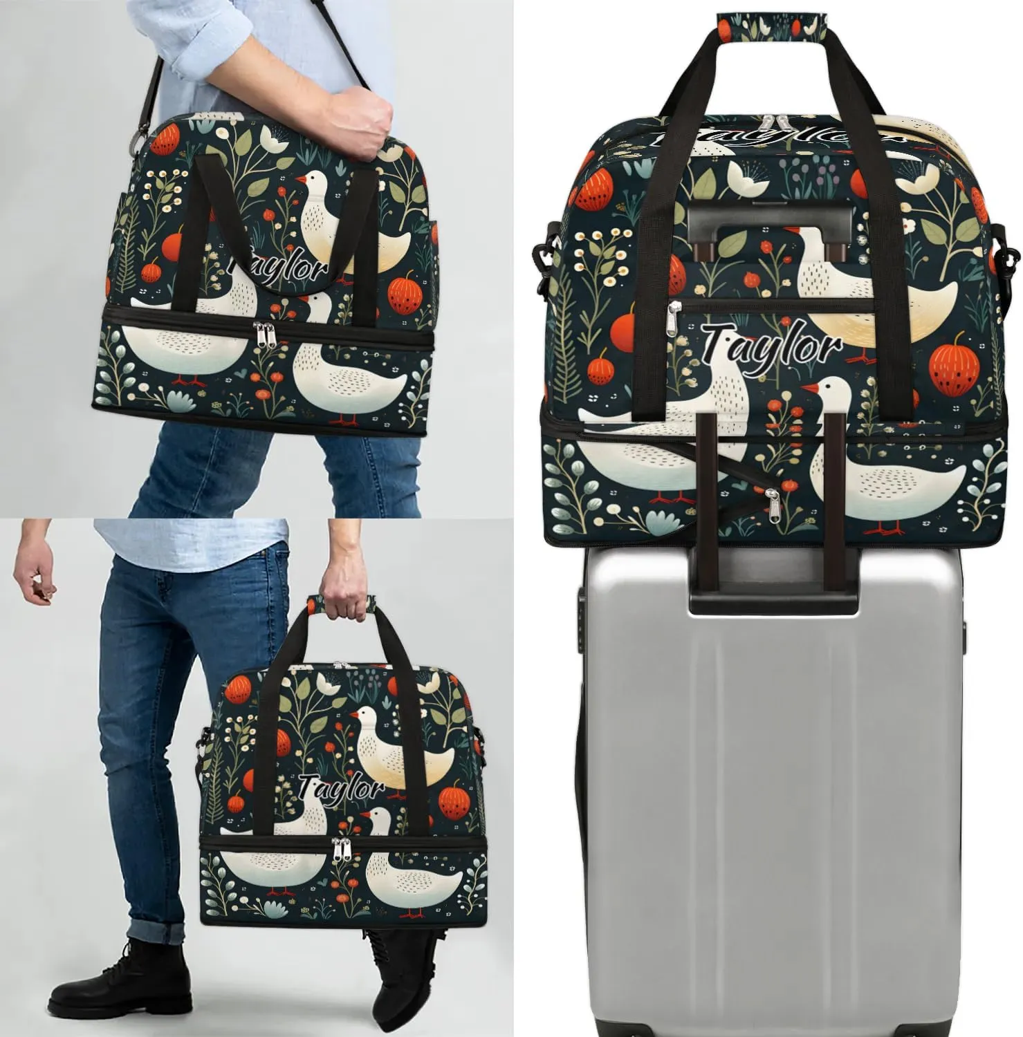 Customized Gym Bag for Women, Personalized Cute Ducks Travel Duffel Bag with Name, Wild Ducks Weekender Overnight Bag with Shoes Compartment for Men Travel Yoga