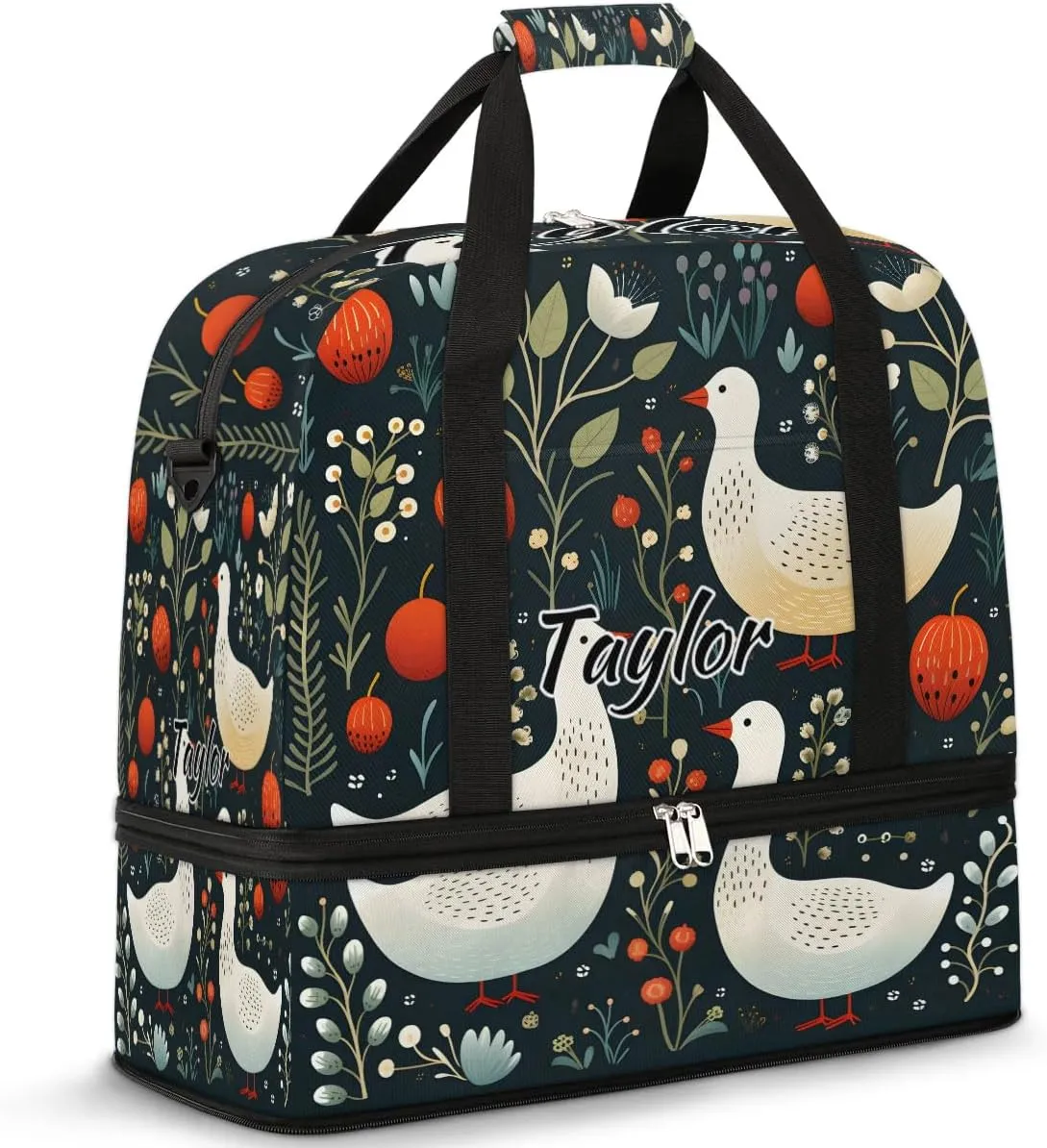 Customized Gym Bag for Women, Personalized Cute Ducks Travel Duffel Bag with Name, Wild Ducks Weekender Overnight Bag with Shoes Compartment for Men Travel Yoga