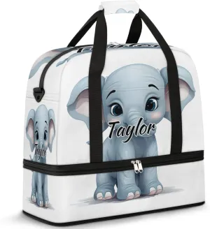 Customized Gym Bag for Women, Personalized Cute Elephants Travel Duffel Bag with Name, Funny Elephant Weekender Overnight Bag with Shoes Compartment for Men Travel Yoga