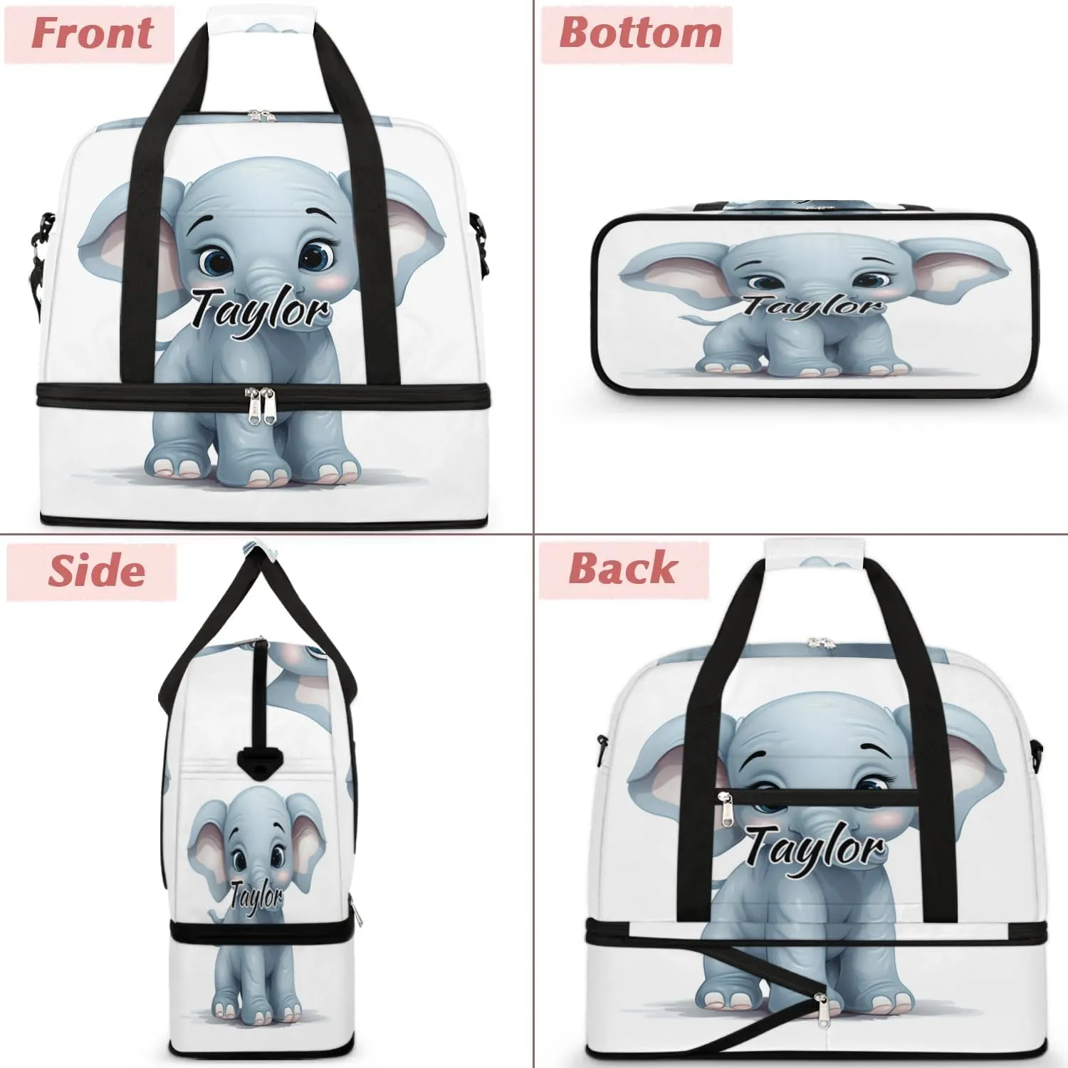 Customized Gym Bag for Women, Personalized Cute Elephants Travel Duffel Bag with Name, Funny Elephant Weekender Overnight Bag with Shoes Compartment for Men Travel Yoga