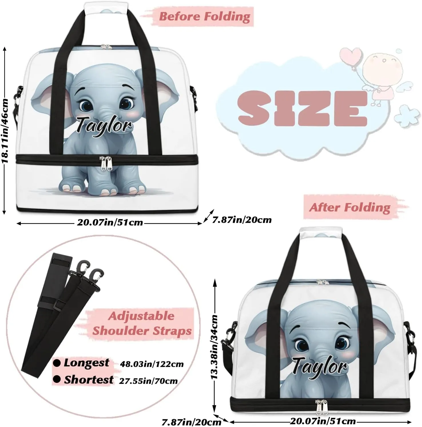 Customized Gym Bag for Women, Personalized Cute Elephants Travel Duffel Bag with Name, Funny Elephant Weekender Overnight Bag with Shoes Compartment for Men Travel Yoga