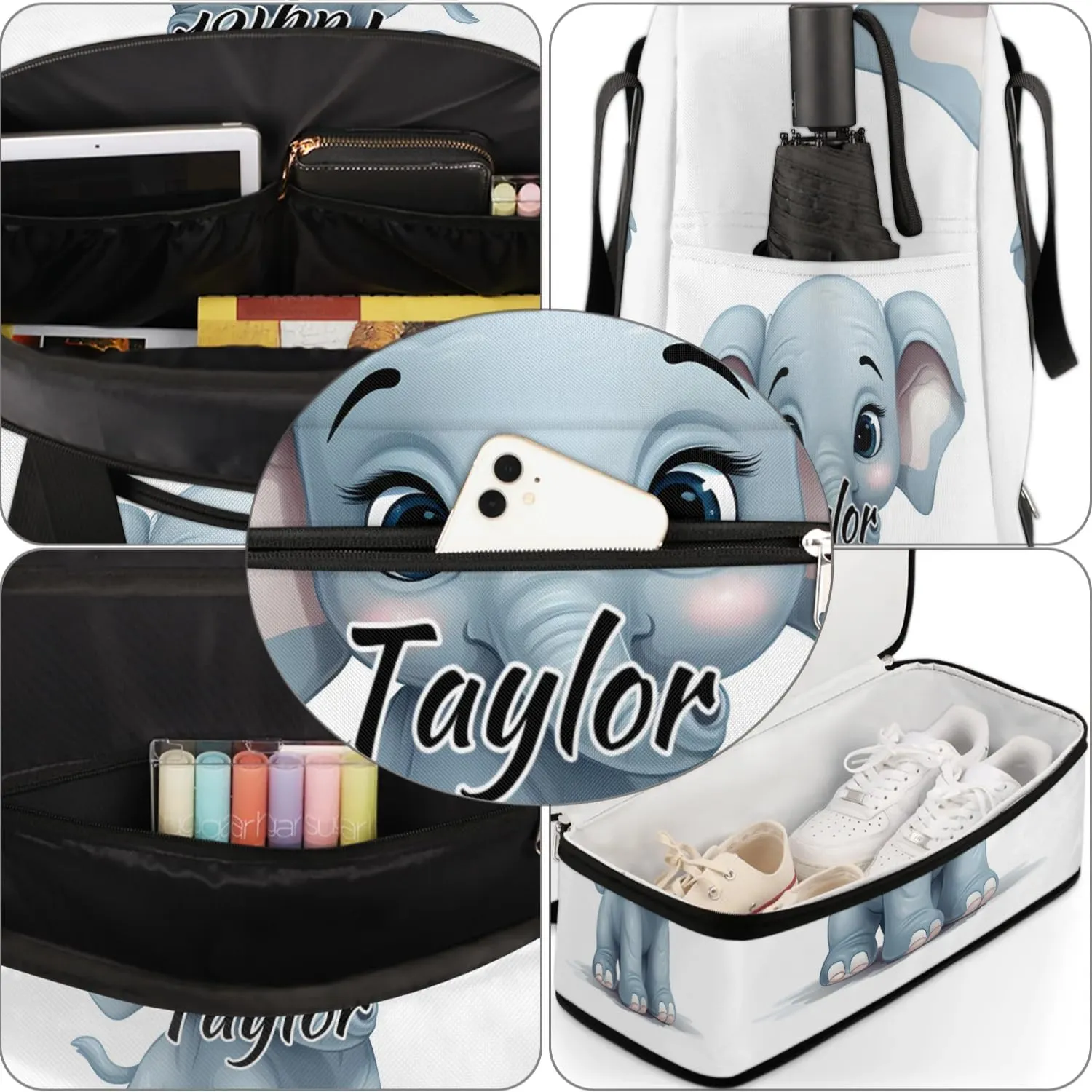 Customized Gym Bag for Women, Personalized Cute Elephants Travel Duffel Bag with Name, Funny Elephant Weekender Overnight Bag with Shoes Compartment for Men Travel Yoga
