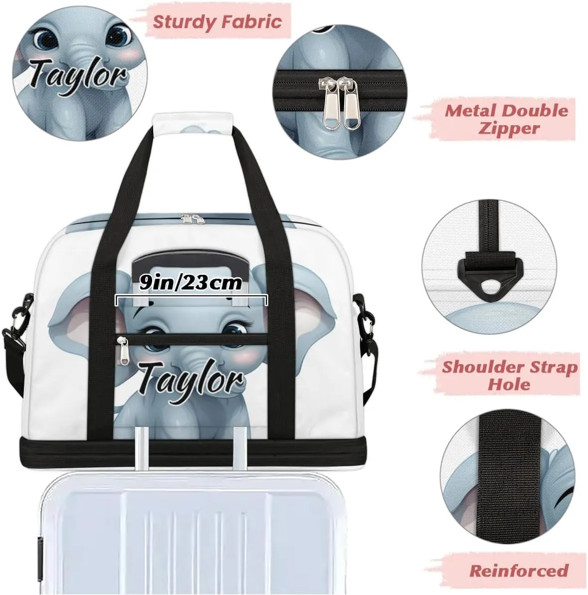 Customized Gym Bag for Women, Personalized Cute Elephants Travel Duffel Bag with Name, Funny Elephant Weekender Overnight Bag with Shoes Compartment for Men Travel Yoga