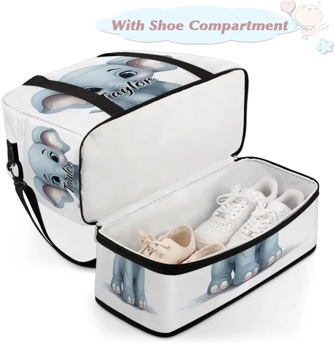 Customized Gym Bag for Women, Personalized Cute Elephants Travel Duffel Bag with Name, Funny Elephant Weekender Overnight Bag with Shoes Compartment for Men Travel Yoga