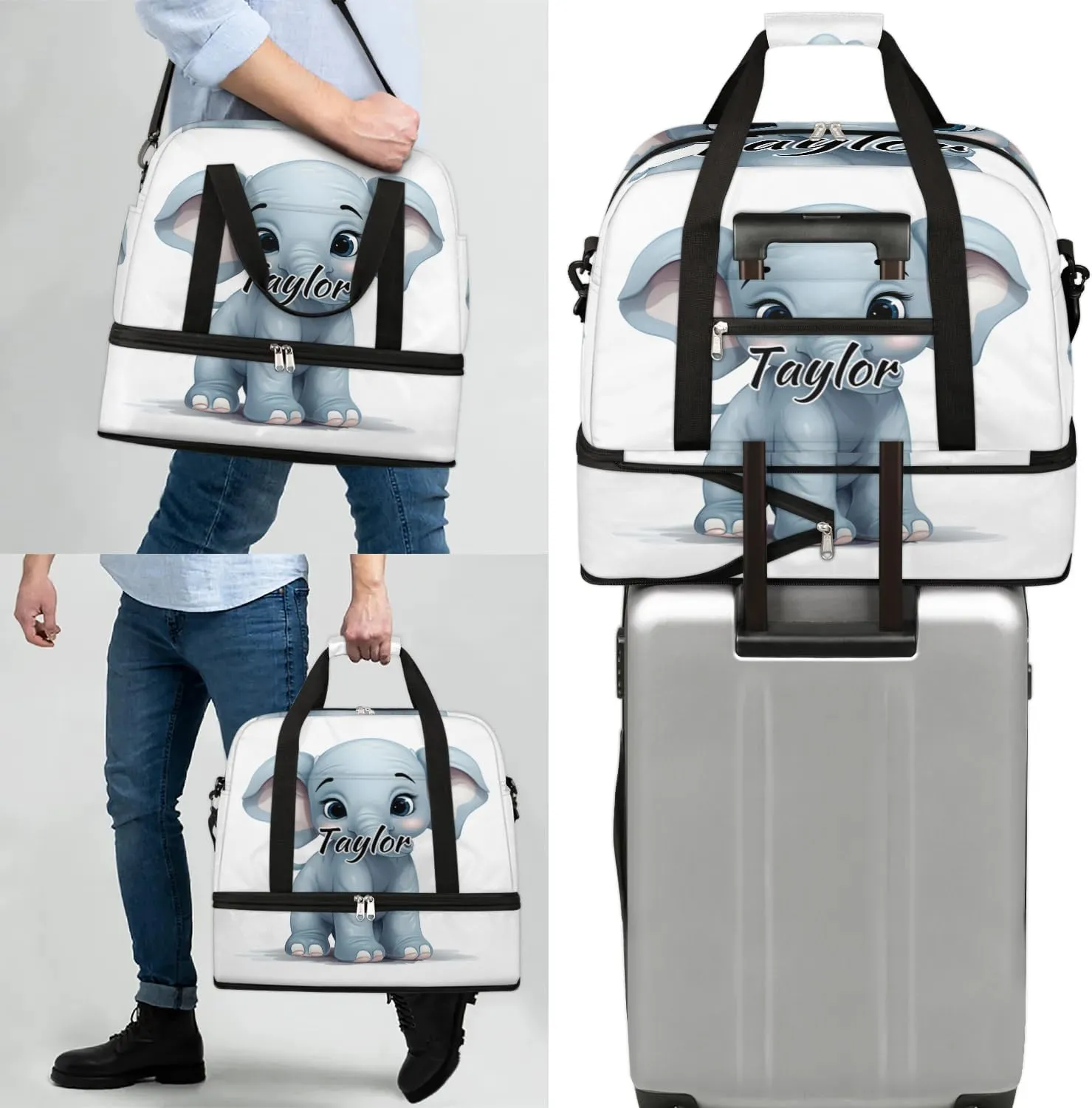 Customized Gym Bag for Women, Personalized Cute Elephants Travel Duffel Bag with Name, Funny Elephant Weekender Overnight Bag with Shoes Compartment for Men Travel Yoga