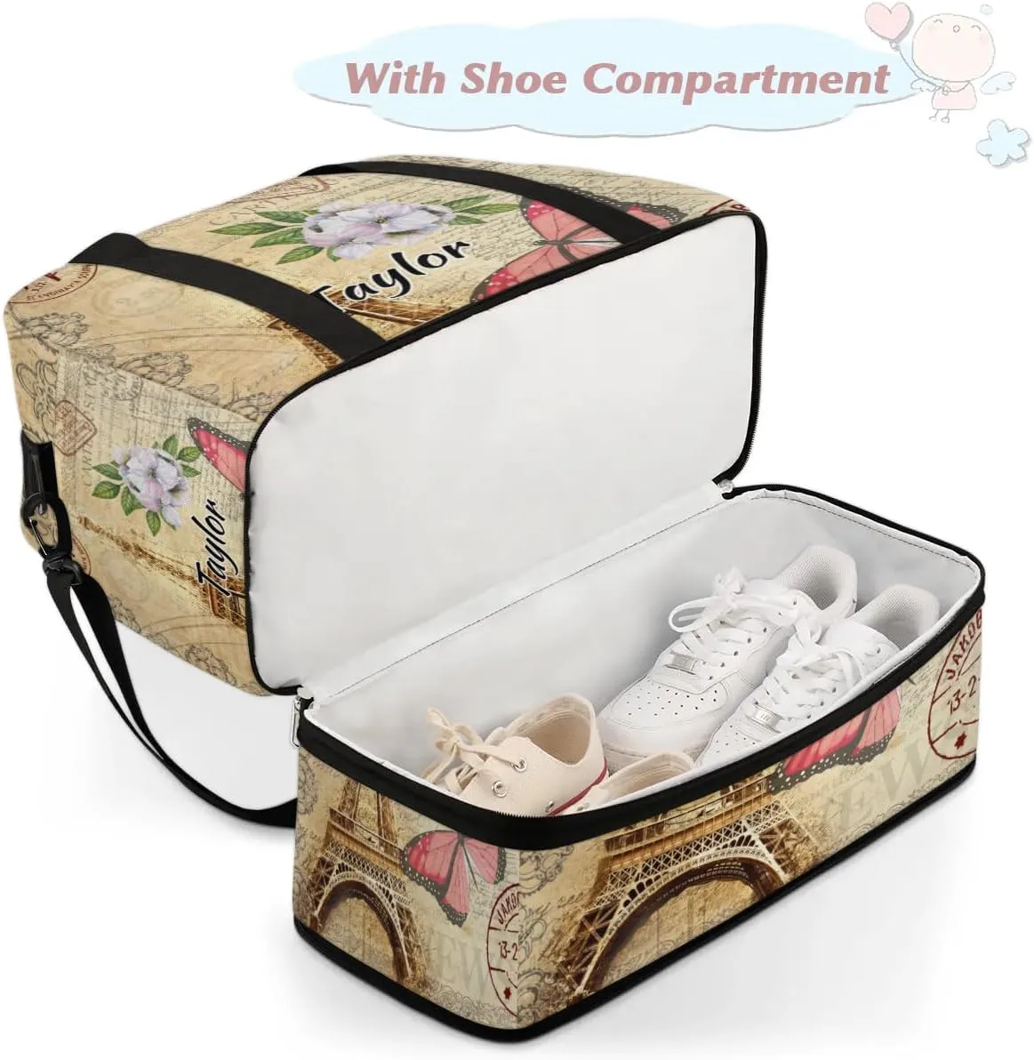 Customized Gym Bag for Women, Personalized Eiffel Tower Travel Duffel Bag with Name, Butterfly Flower Weekender Overnight Bag with Shoes Compartment for Men Travel Yoga