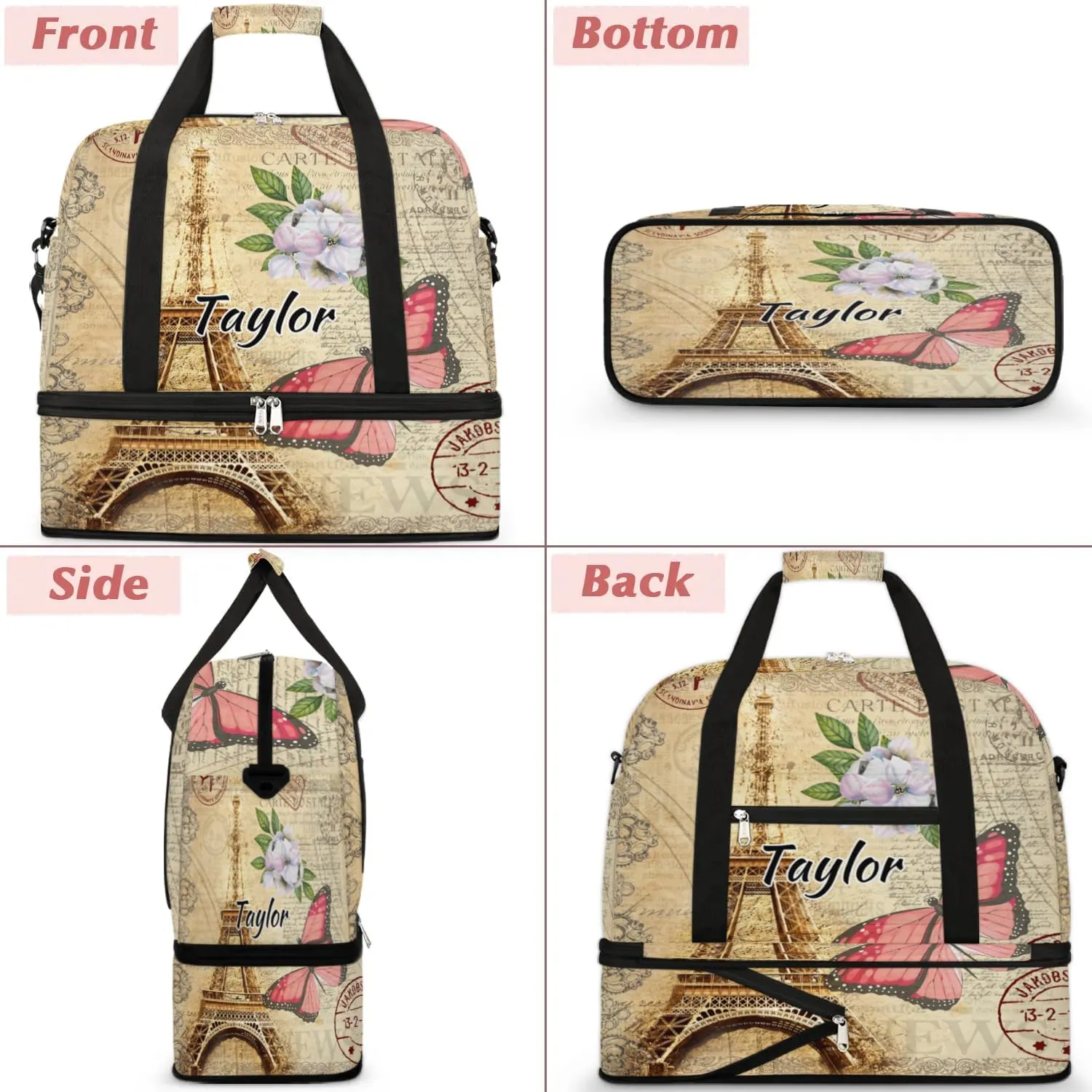 Customized Gym Bag for Women, Personalized Eiffel Tower Travel Duffel Bag with Name, Butterfly Flower Weekender Overnight Bag with Shoes Compartment for Men Travel Yoga