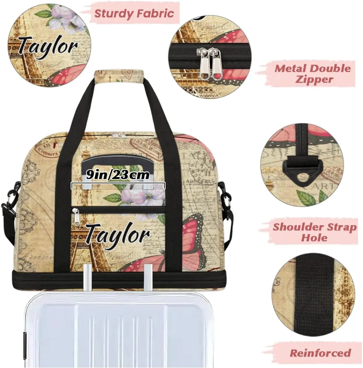 Customized Gym Bag for Women, Personalized Eiffel Tower Travel Duffel Bag with Name, Butterfly Flower Weekender Overnight Bag with Shoes Compartment for Men Travel Yoga
