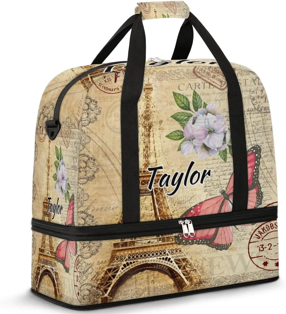 Customized Gym Bag for Women, Personalized Eiffel Tower Travel Duffel Bag with Name, Butterfly Flower Weekender Overnight Bag with Shoes Compartment for Men Travel Yoga
