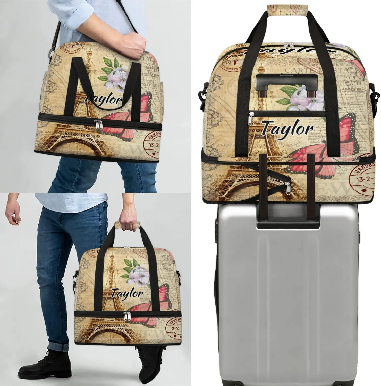 Customized Gym Bag for Women, Personalized Eiffel Tower Travel Duffel Bag with Name, Butterfly Flower Weekender Overnight Bag with Shoes Compartment for Men Travel Yoga