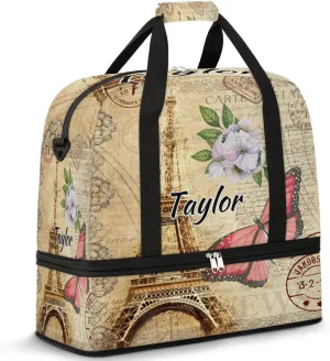 Customized Gym Bag for Women, Personalized Eiffel Tower Travel Duffel Bag with Name, Butterfly Flower Weekender Overnight Bag with Shoes Compartment for Men Travel Yoga