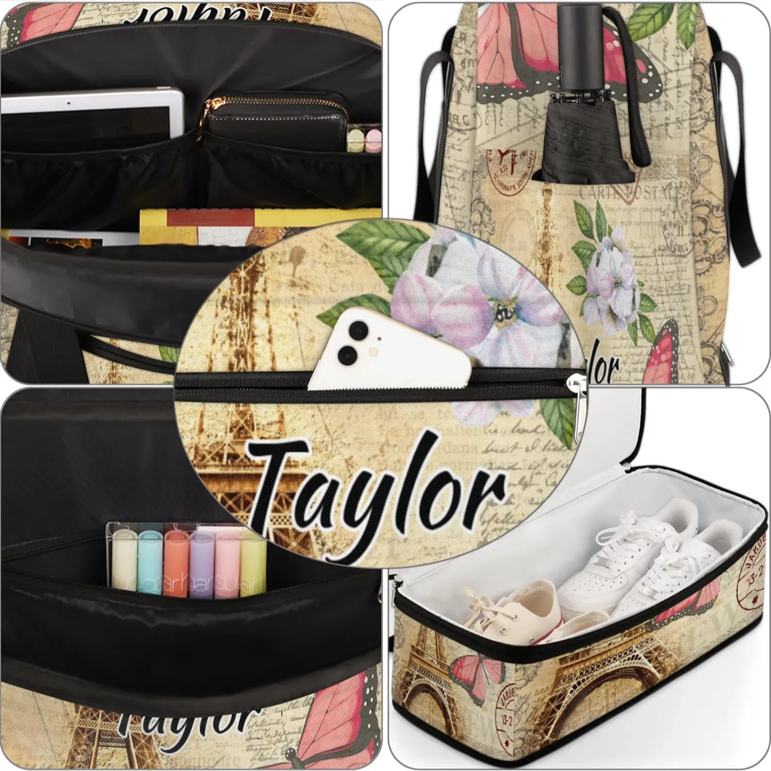Customized Gym Bag for Women, Personalized Eiffel Tower Travel Duffel Bag with Name, Butterfly Flower Weekender Overnight Bag with Shoes Compartment for Men Travel Yoga