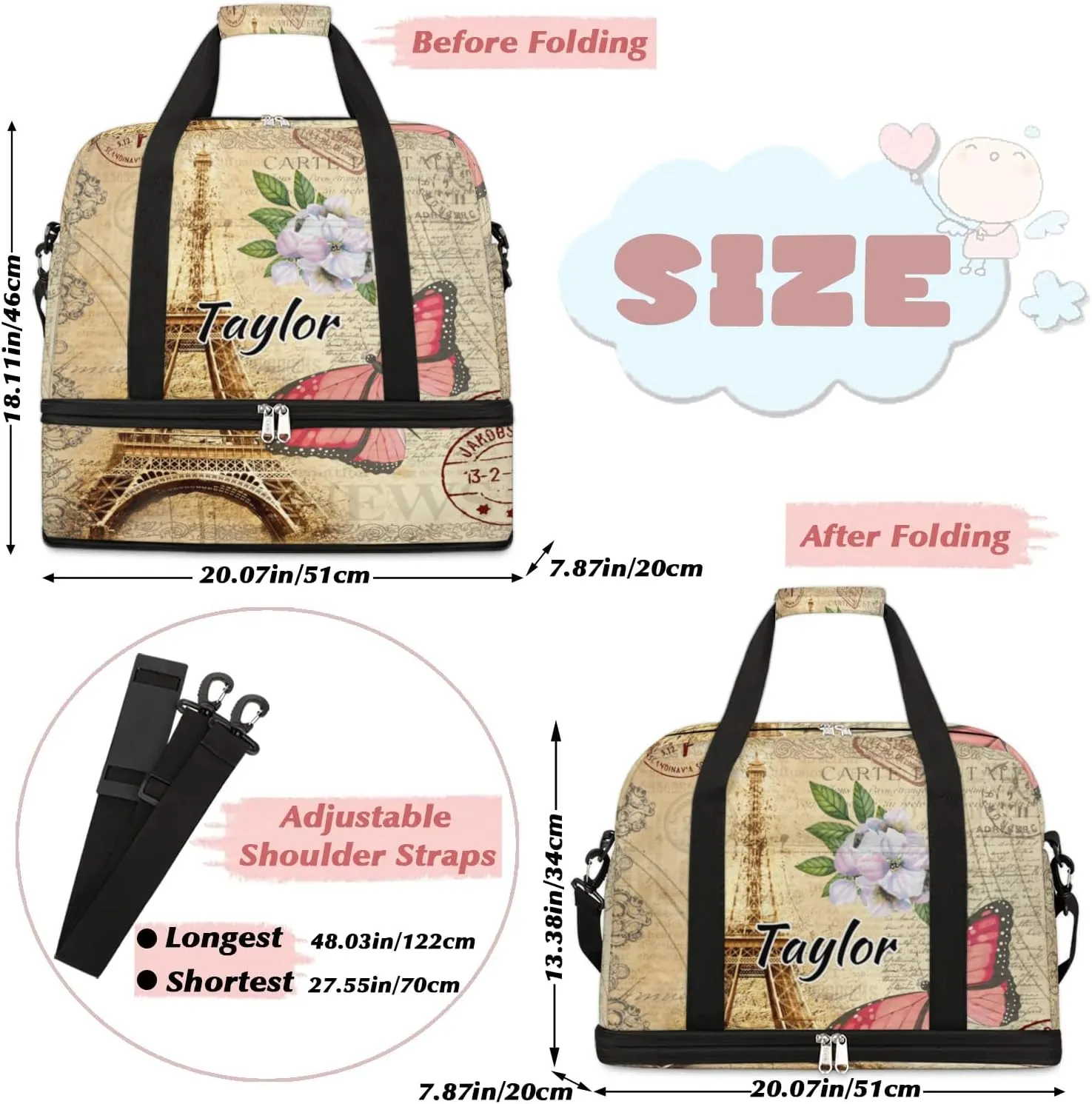 Customized Gym Bag for Women, Personalized Eiffel Tower Travel Duffel Bag with Name, Butterfly Flower Weekender Overnight Bag with Shoes Compartment for Men Travel Yoga