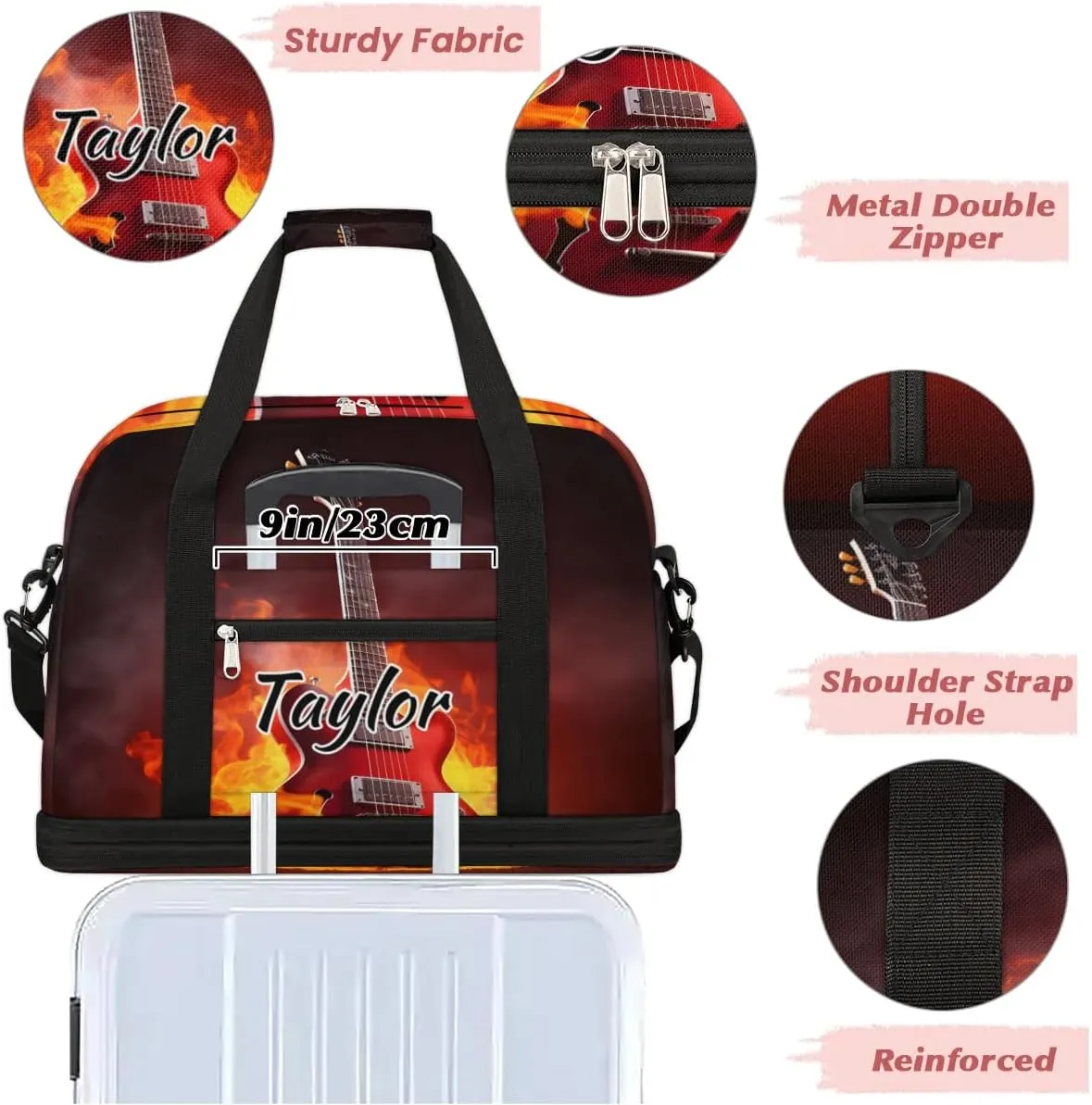 Customized Gym Bag for Women, Personalized Guitar Flame Travel Duffel Bag with Name, Music Theme Weekender Overnight Bag with Shoes Compartment for Men Travel Yoga