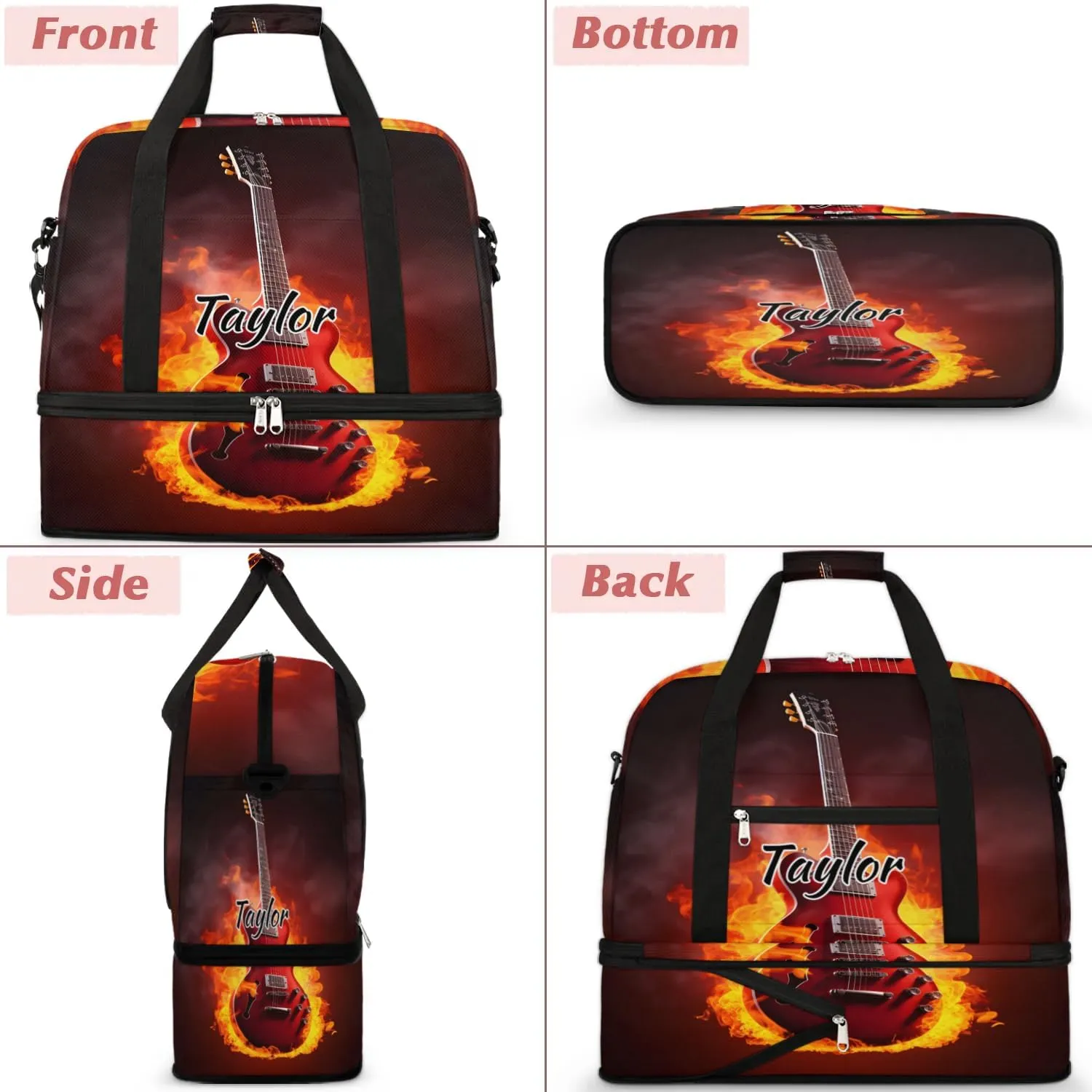 Customized Gym Bag for Women, Personalized Guitar Flame Travel Duffel Bag with Name, Music Theme Weekender Overnight Bag with Shoes Compartment for Men Travel Yoga