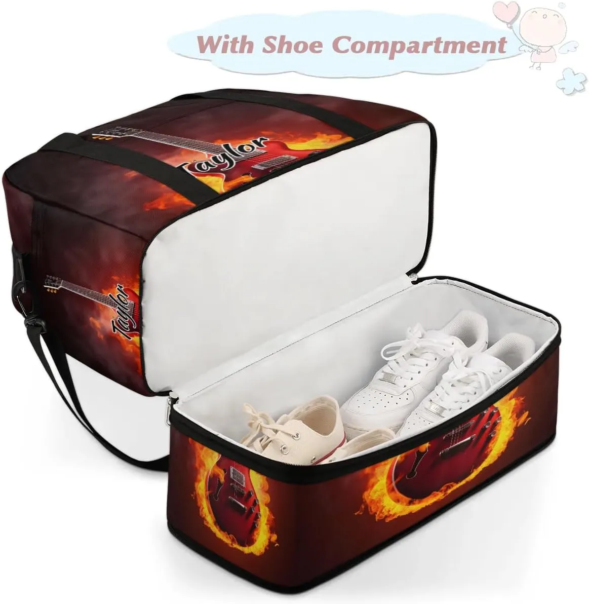 Customized Gym Bag for Women, Personalized Guitar Flame Travel Duffel Bag with Name, Music Theme Weekender Overnight Bag with Shoes Compartment for Men Travel Yoga