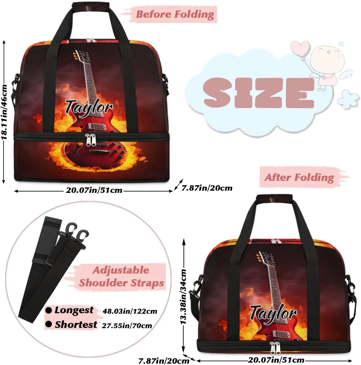 Customized Gym Bag for Women, Personalized Guitar Flame Travel Duffel Bag with Name, Music Theme Weekender Overnight Bag with Shoes Compartment for Men Travel Yoga