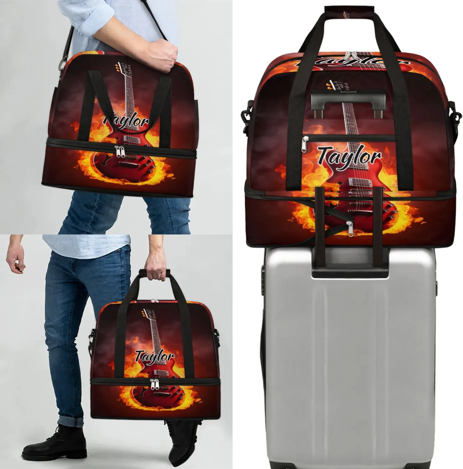 Customized Gym Bag for Women, Personalized Guitar Flame Travel Duffel Bag with Name, Music Theme Weekender Overnight Bag with Shoes Compartment for Men Travel Yoga